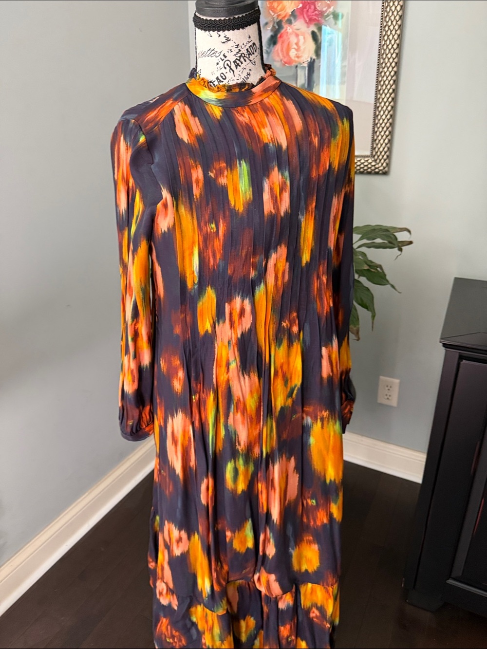 Marie Oliver Navy Long-Sleeve Midi Dress with Orange, Pink & Yellow Brushstrokes